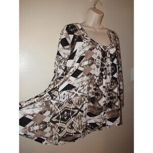 Style & Co Shirt Womens XL Brown Printed Button Up Cinched Long Sleeve Tunic Top